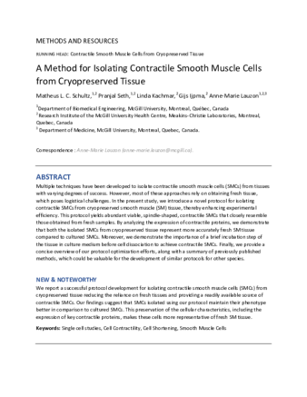 A Method for Isolating Contractile Smooth Muscle Cells from Cryopreserved Tissue thumbnail