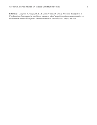 Processus d'adaptation et d'implantation d'une approche sensible au trauma au sein d'un organisme communautaire en milieu urbain desservant de jeunes familles vulnérables [Record] thumbnail