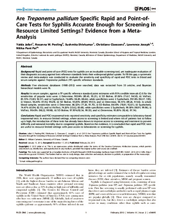 Are Treponema pallidum Specific Rapid and Point-of-Care Tests for Syphilis Accurate Enough for Screening in Resource Limited Settings? Evidence from a Meta-Analysis thumbnail