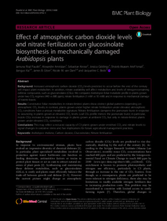 Effect of atmospheric carbon dioxide levels and nitrate fertilization on glucosinolate biosynthesis in mechanically damaged Arabidopsis plants thumbnail