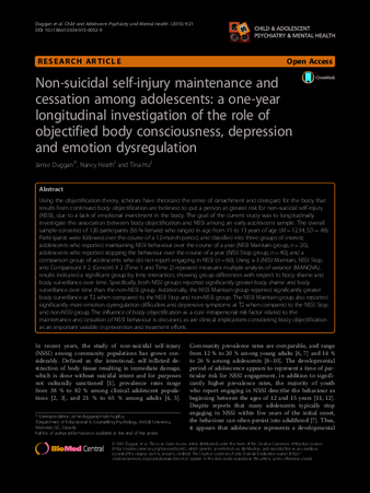 Non-suicidal self-injury maintenance and cessation among adolescents: a one-year longitudinal investigation of the role of objectified body consciousness, depression and emotion dysregulation thumbnail