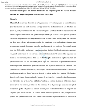 Facteurs encourageant ou limitant l’utilisation des services d’urgence pour des raisons de santé mentale par les patients grands utilisateurs de ces services thumbnail